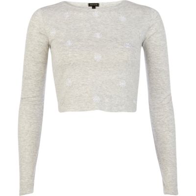 Grey daisy embroidered crop top