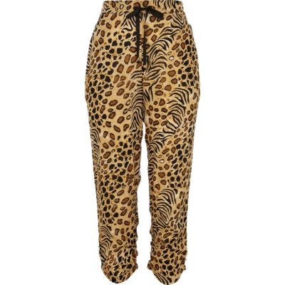 Brown animal print ruched hem trousers
