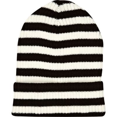 Black and white stripe turn up beanie hat