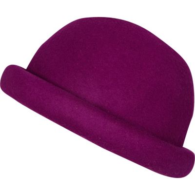 Purple rolled brim bowler hat