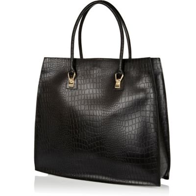 Black leather croc structured tote bag
