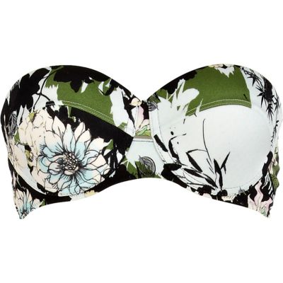 Green Hawaiian print bustier bikini top