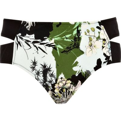 Green Hawaiian print cut-out bikini bottoms