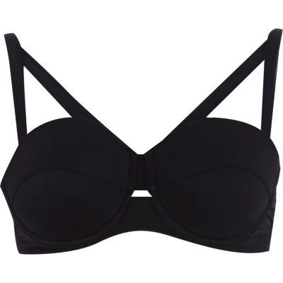 Black cut out cross strap bustier bikini top