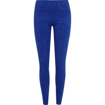 Blue embossed pattern high waisted leggings