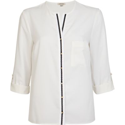 White contrast placket roll sleeve shirt
