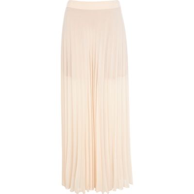 Beige sheer pleated maxi skirt
