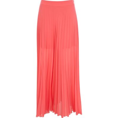 Bright pink sheer pleated maxi skirt