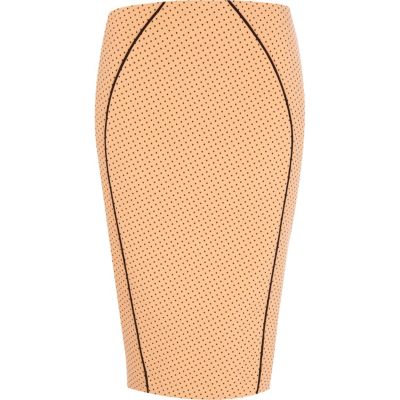 Coral polka dot panelled pencil skirt 