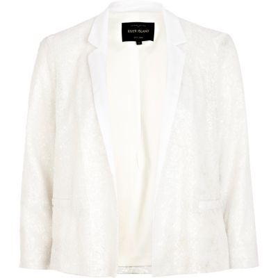 White sequin embellished cropped blazer 