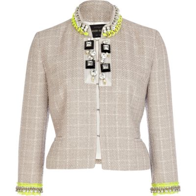Beige boucle jewelled fluro trim jacket