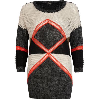 Black colour block geometric jumper