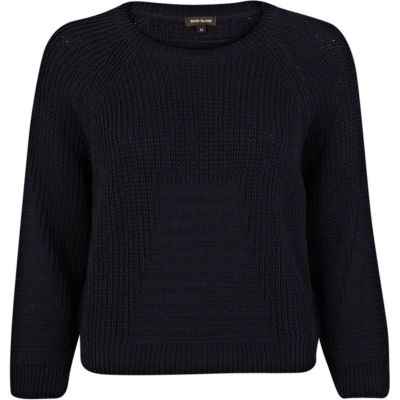 Navy rib geometric pattern cropped jumper
