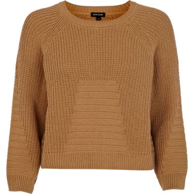 Brown rib geometric pattern cropped jumper