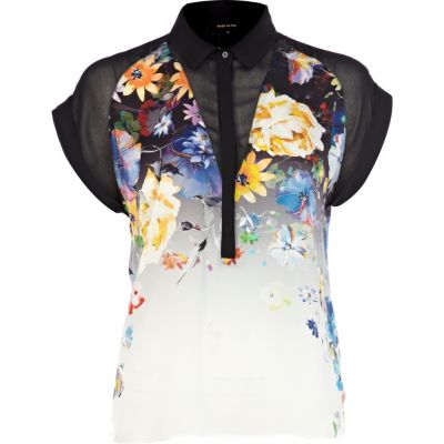 Black floral print colour block boxy shirt