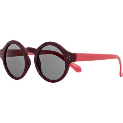 Dark red colour block round sunglasses