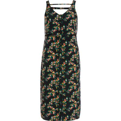 Black floral print button through slip dress 