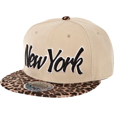 Khaki New York leopard print peak trucker hat