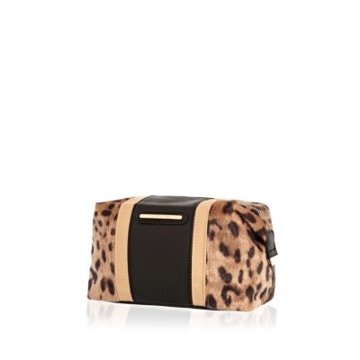 Brown leopard print colour block make up bag