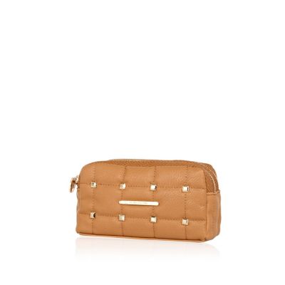Beige stud quilted make up bag