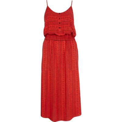 Red tribal print button through midi dress