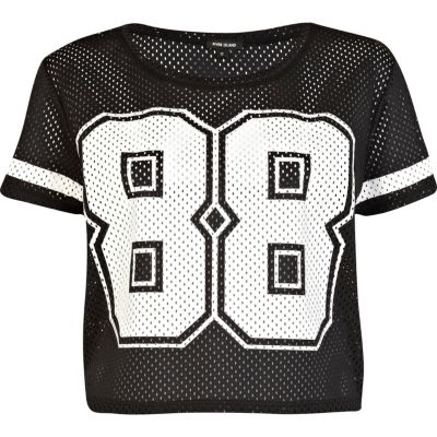 Black mesh 88 print cropped t-shirt