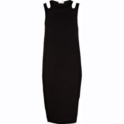 Black cut out shoulder midi column dress