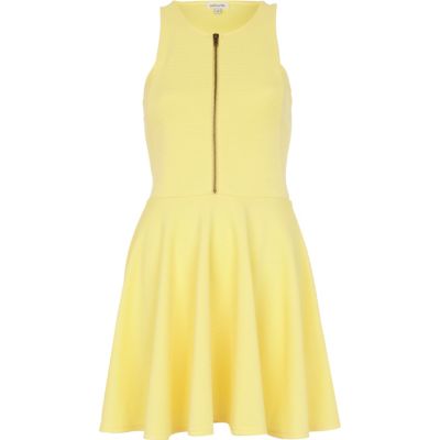 Yellow zip front skater dress