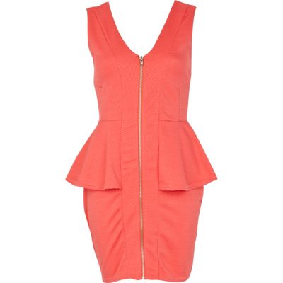 Coral zip front peplum dress