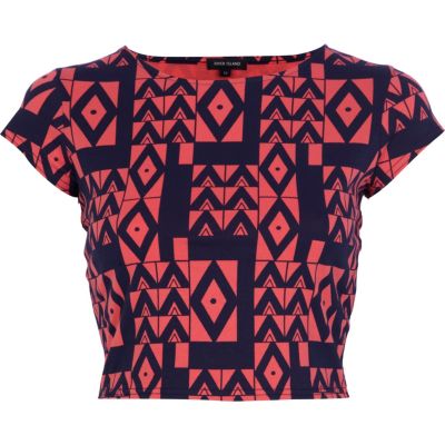 Pink aztec print cap sleeve crop top