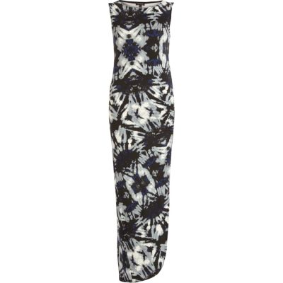 Black abstract print side split maxi dress 