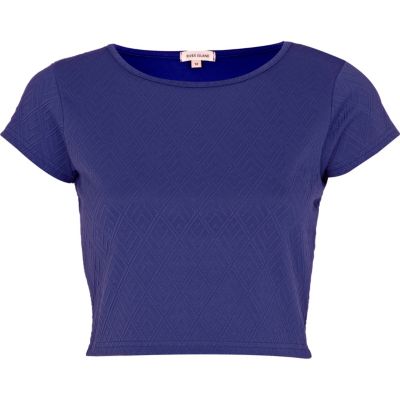 Blue textured cap sleeve crop top