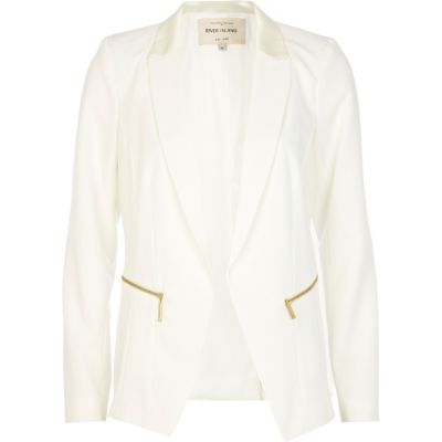 Cream zipped pocket unfastened blazer 