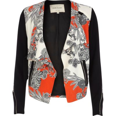 Red floral print waterfall biker jacket