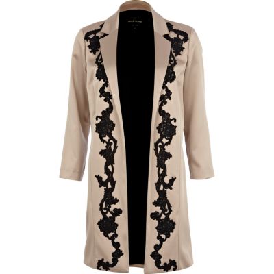 Beige lace applique duster coat