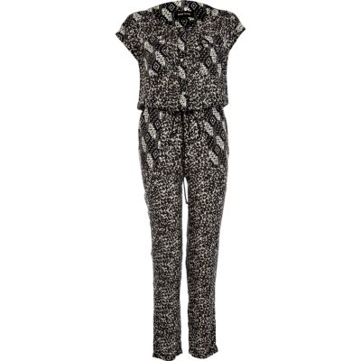 Black tribal print casual utility jumpsuit