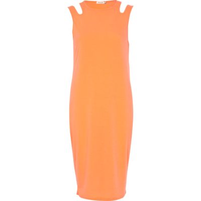 Coral cut out shoulder midi column dress