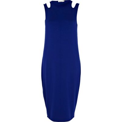 Blue cut out shoulder midi column dress