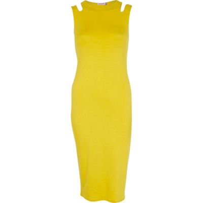 Yellow cut out shoulder midi column dress