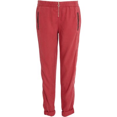 Dark red zip front casual trousers