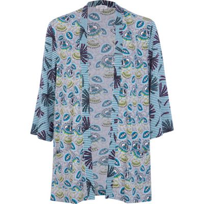 Green colour block oriental print kimono