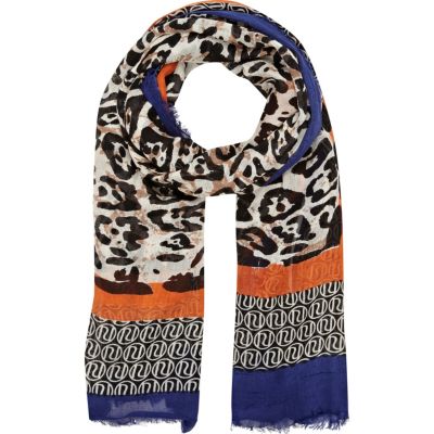 Brown colour block print lightweight scarf