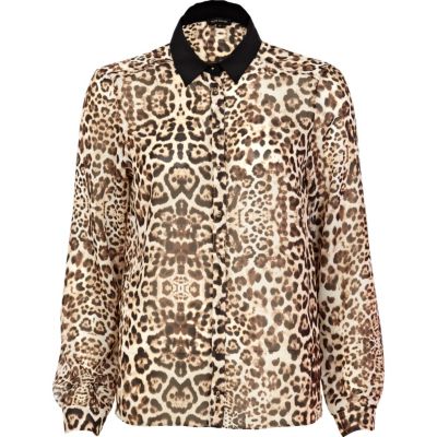 Brown animal print sheer oversized shirt