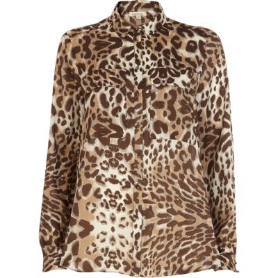Brown animal print utility pocket shirt 