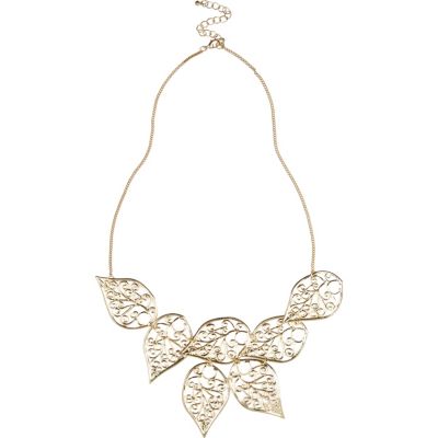 Gold tone filigree leaf statement necklace