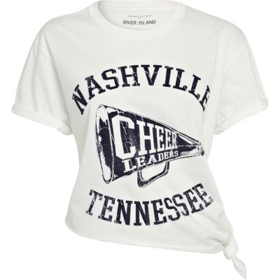 White Nashville print tied crop t-shirt