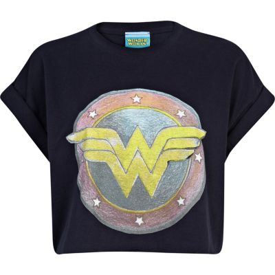 Navy Wonder Woman print cropped t-shirt 