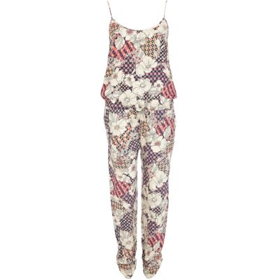 Green floral tile print cami jumpsuit