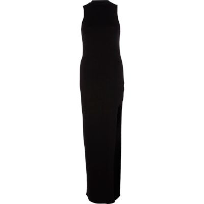 Black turtle neck side split maxi dress