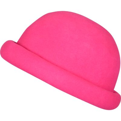 Bright pink rolled brim bowler hat